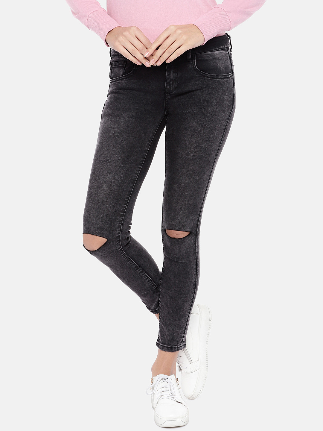 Buy Deal Jeans Women Black Slim Fit Mid Rise Slash Knee Stretchable