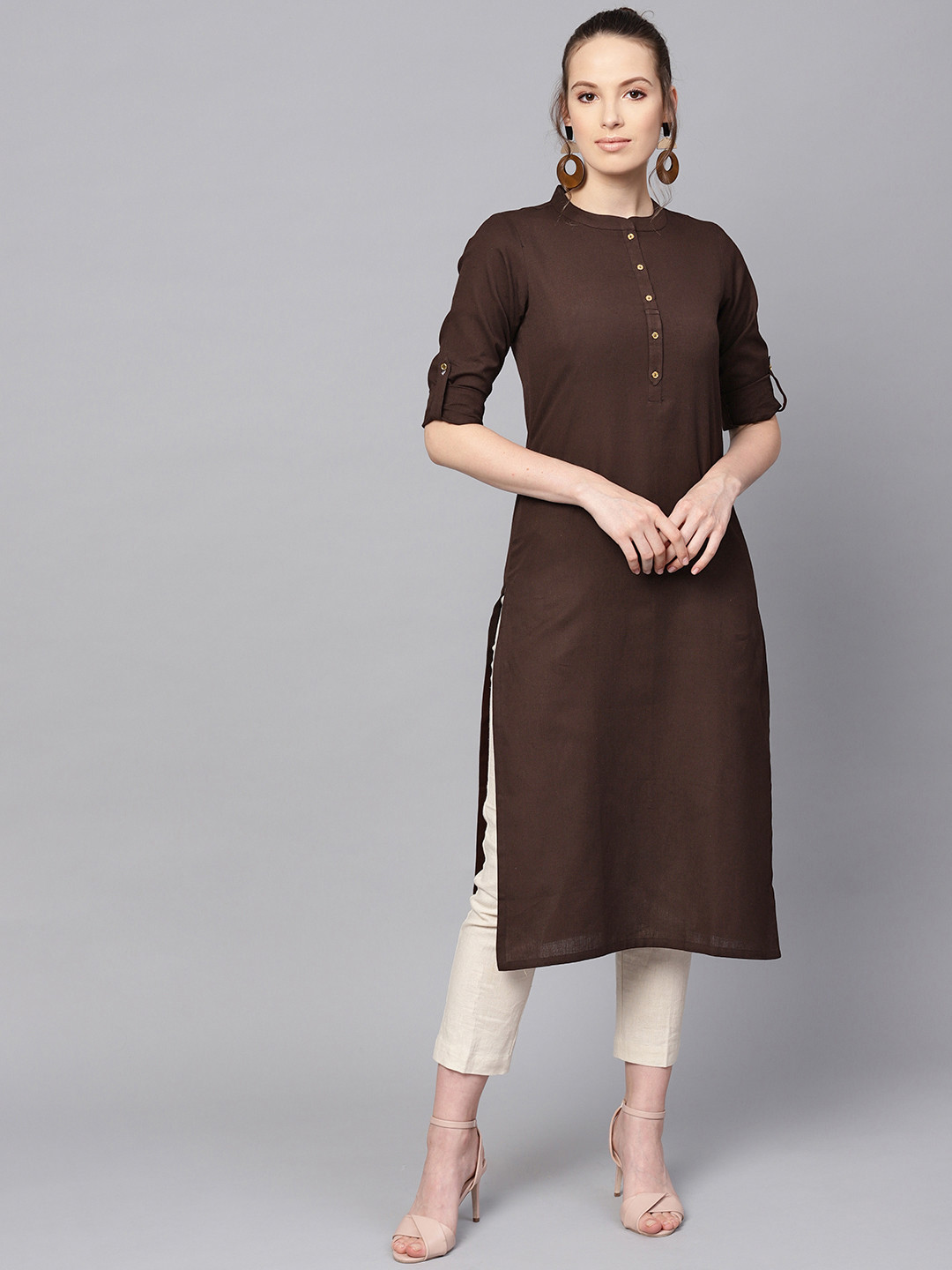 Buy AHIKA Women Coffee Brown Solid Straight Kurta - Kurtas for Women ...