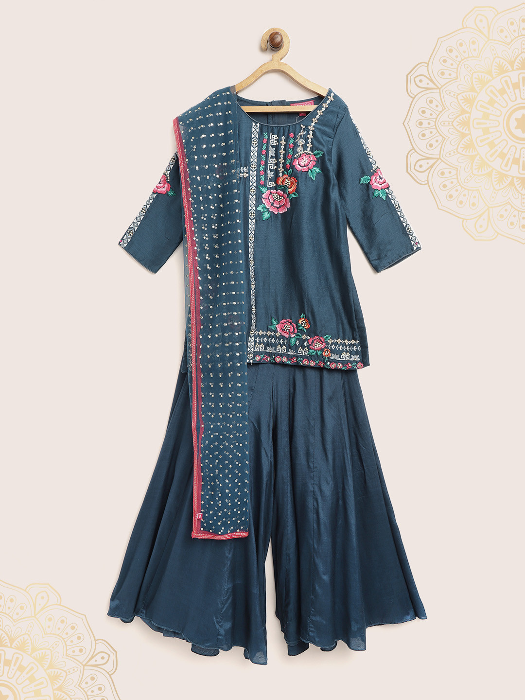Buy Biba Girls Teal Blue Yoke Design Kurti With Palazzos & Dupatta