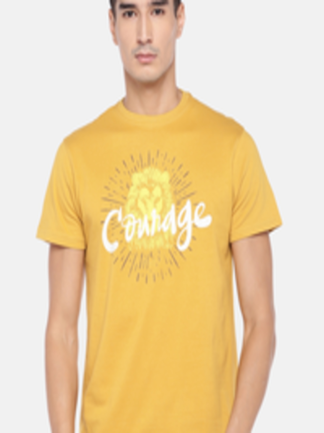 Buy Globus Men Mustard Yellow & Off White Printed Round Neck T Shirt ...