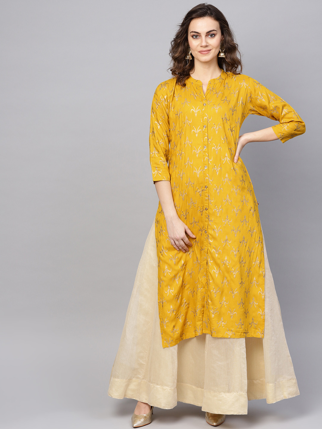 Buy KSUT Women Mustard Yellow & Golden Foil Print Straight Kurta