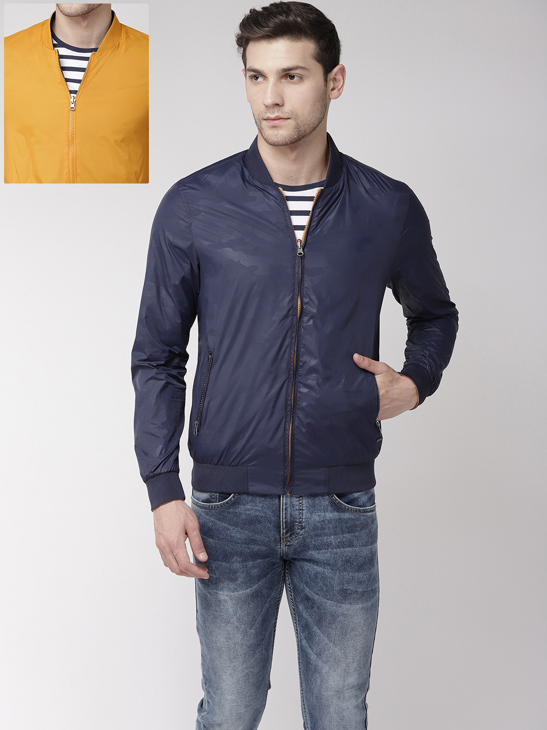 Buy Flying Machine Men Mustard Yellow & Navy Blue Solid Reversible Bomber Jacket Jackets for