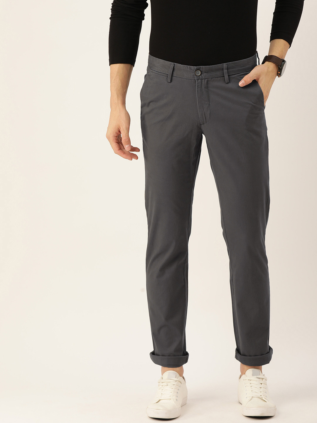 Buy Allen Solly Men Charcoal Grey Smart Slim Fit Solid Chinos ...