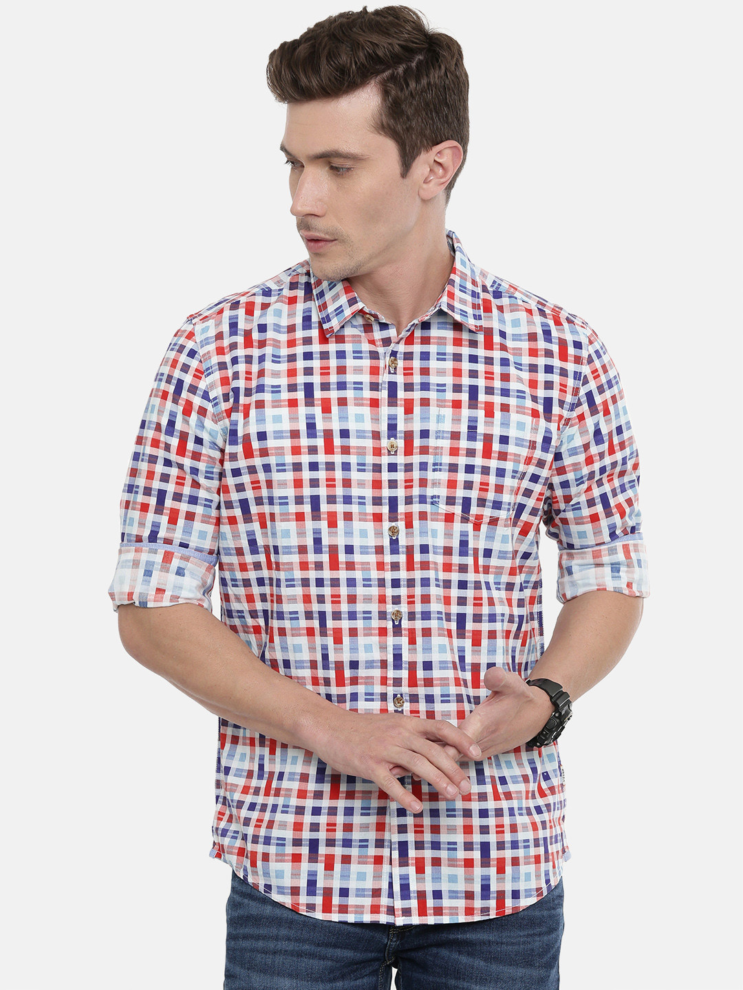 Buy Pepe Jeans Men White & Navy Blue Krafter Slim Fit Checked Casual