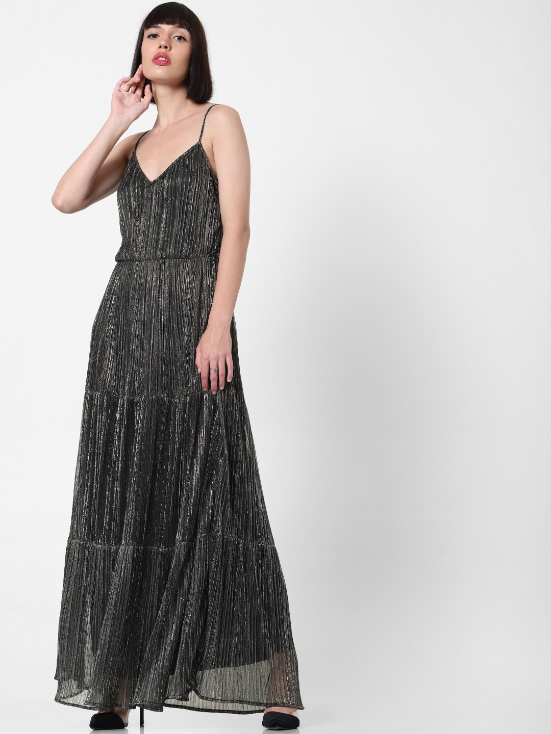Buy ONLY Women Black & Silver Toned Self Design Tiered Maxi Dress ...