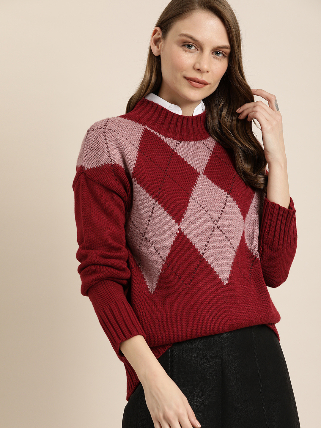 Buy Her By Invictus Women Maroon & Mauve Self Design Pullover Sweater