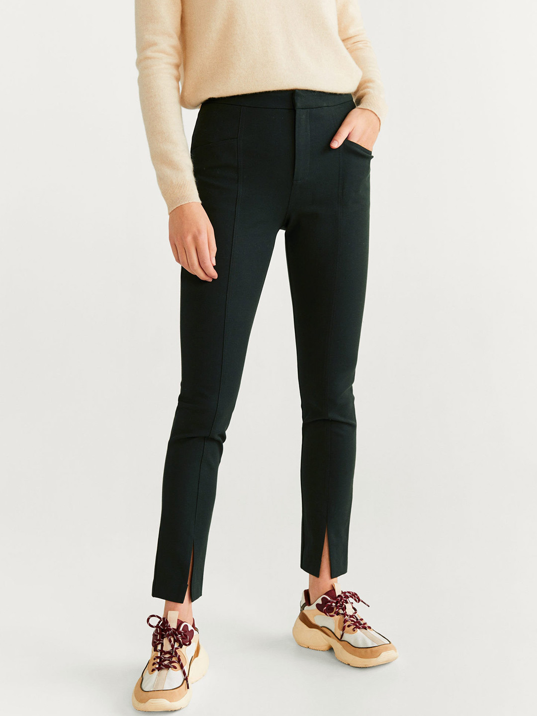 Buy MANGO Women Green Regular Fit Solid Regular Trousers Trousers for