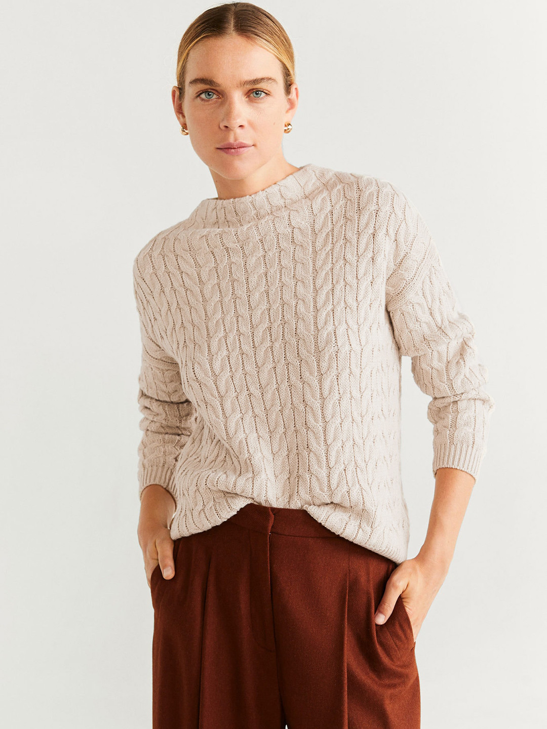 Buy MANGO Women Beige Self Design Sweater Sweaters for Women 10831364