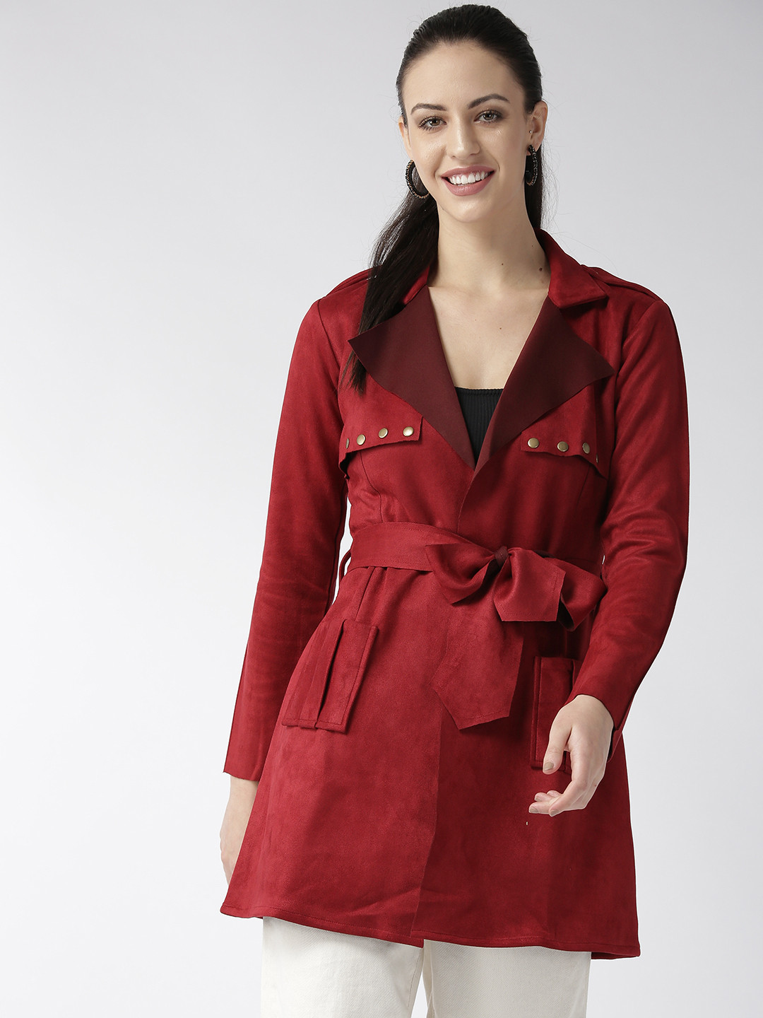 Buy WoowZerz Women Maroon Suede Finish Solid Front Open Trench Coat