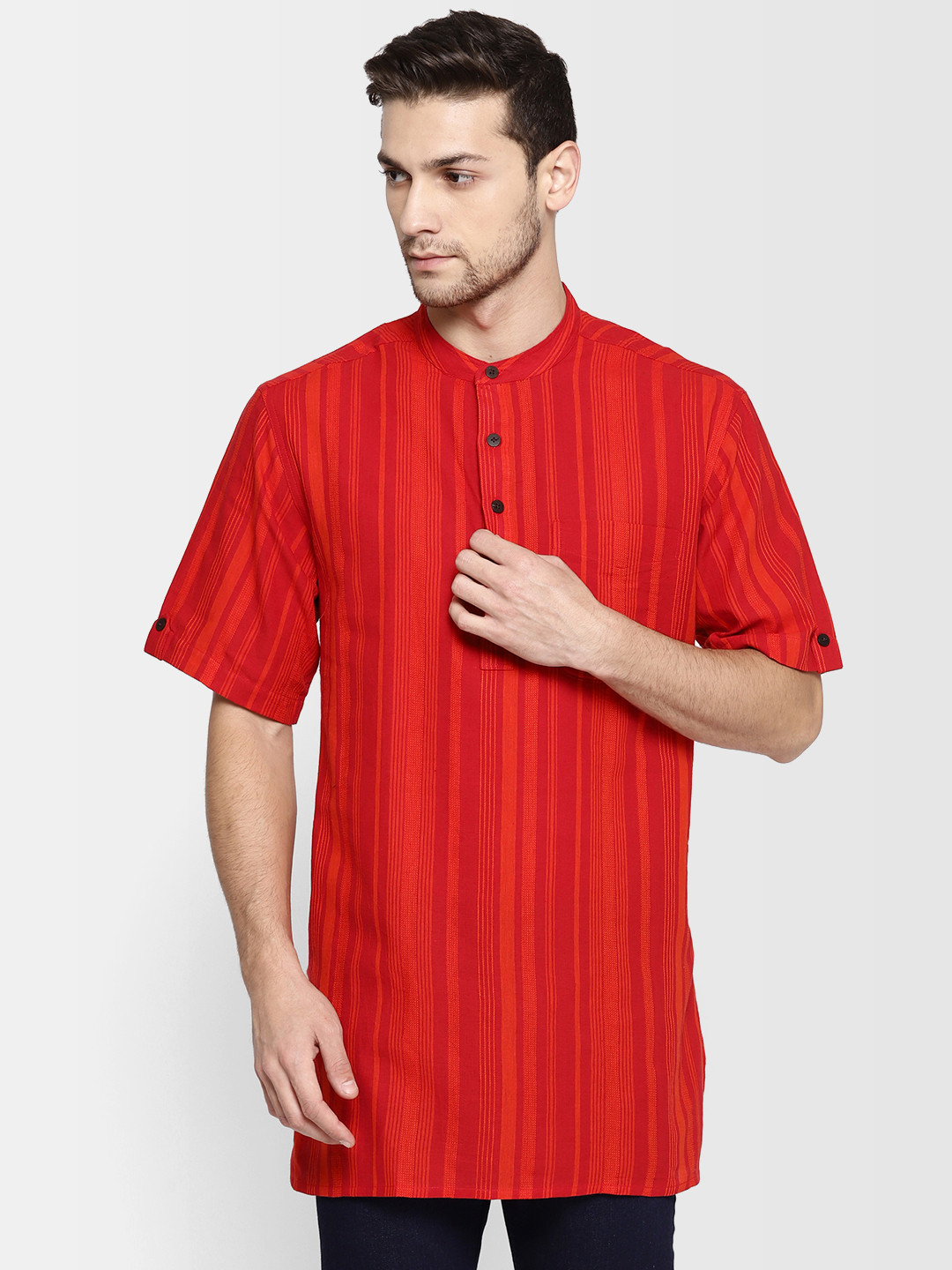 Buy Fabindia Men Red & Orange Striped Straight Kurta Kurtas for Men