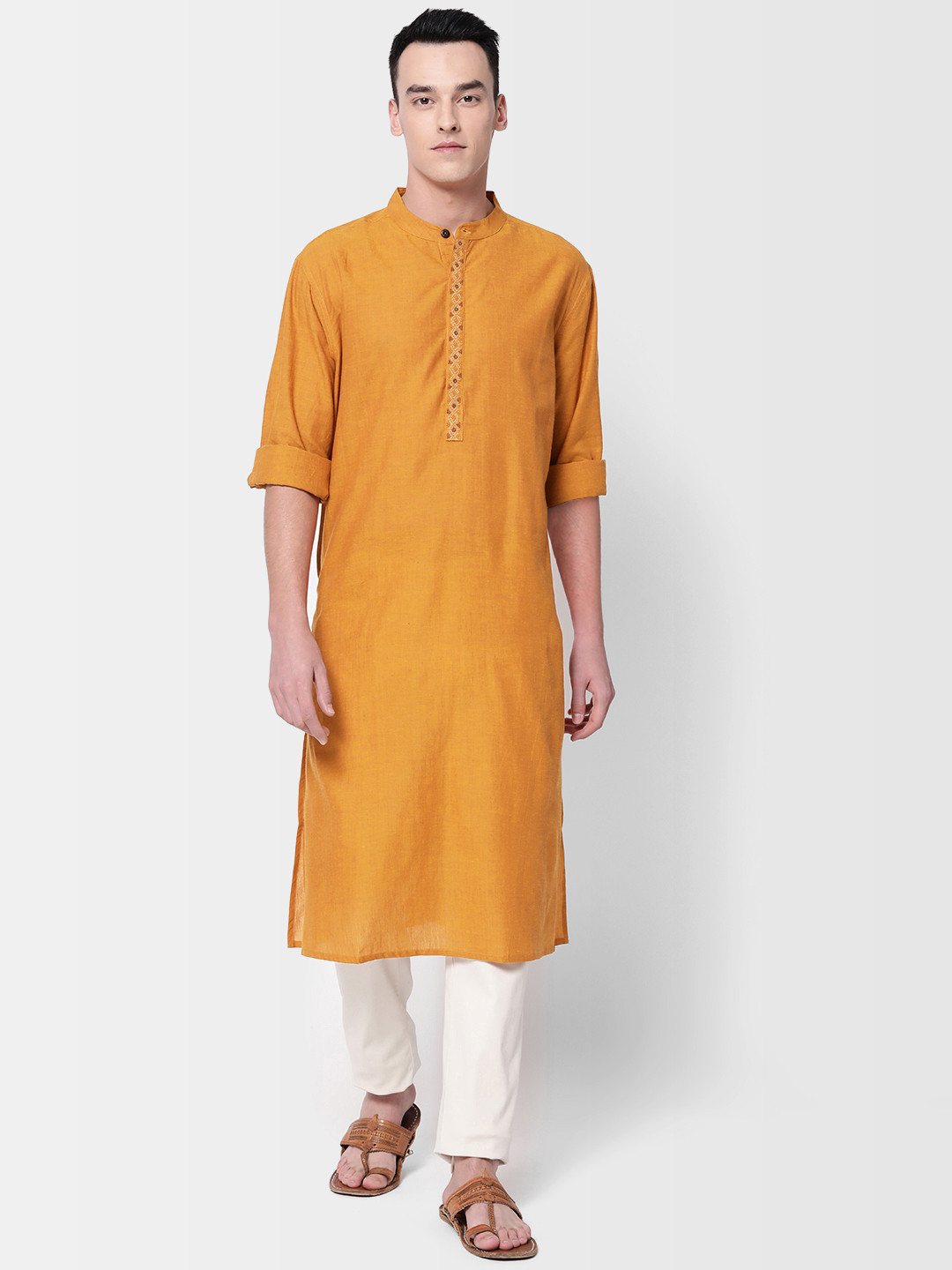 Buy Fabindia Men Mustard Yellow Comfort Fit Solid Straight Kurta Kurtas for Men 10834452 Myntra