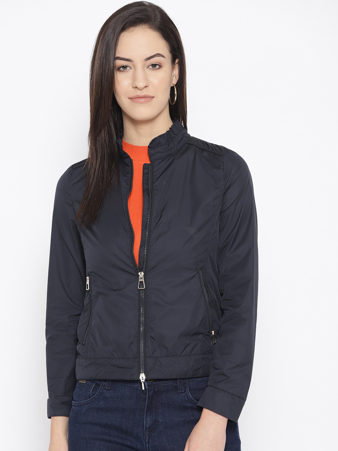 Buy Geox Women Navy Blue Solid Lightweight Tailored Jacket Jackets