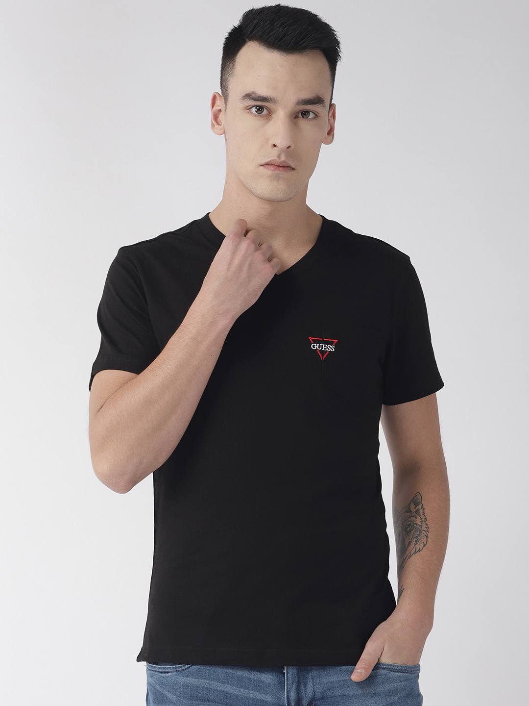 Buy GUESS Men Black Solid V Neck T Shirt Tshirts for Men 10837024