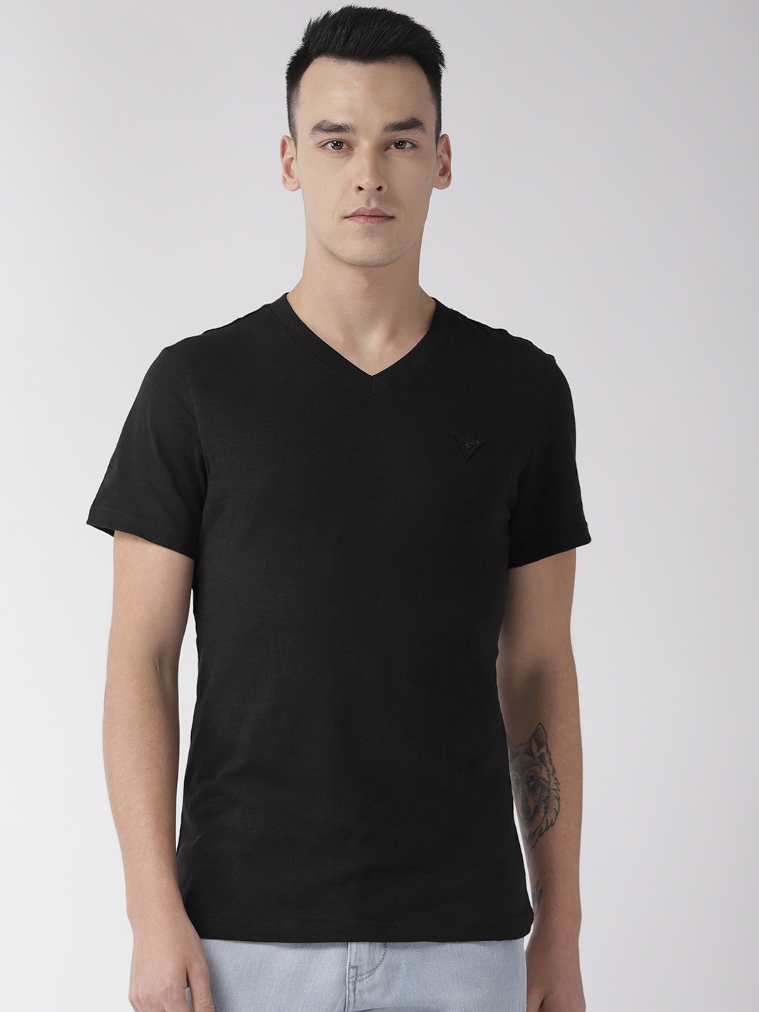 Buy GUESS Men Black Solid V Neck Pure Cotton T Shirt - Tshirts for Men ...
