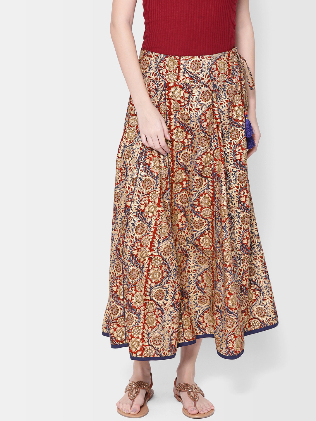 Maroon - Kalamkari Block Print Cotton Wrap Around Skirt 57