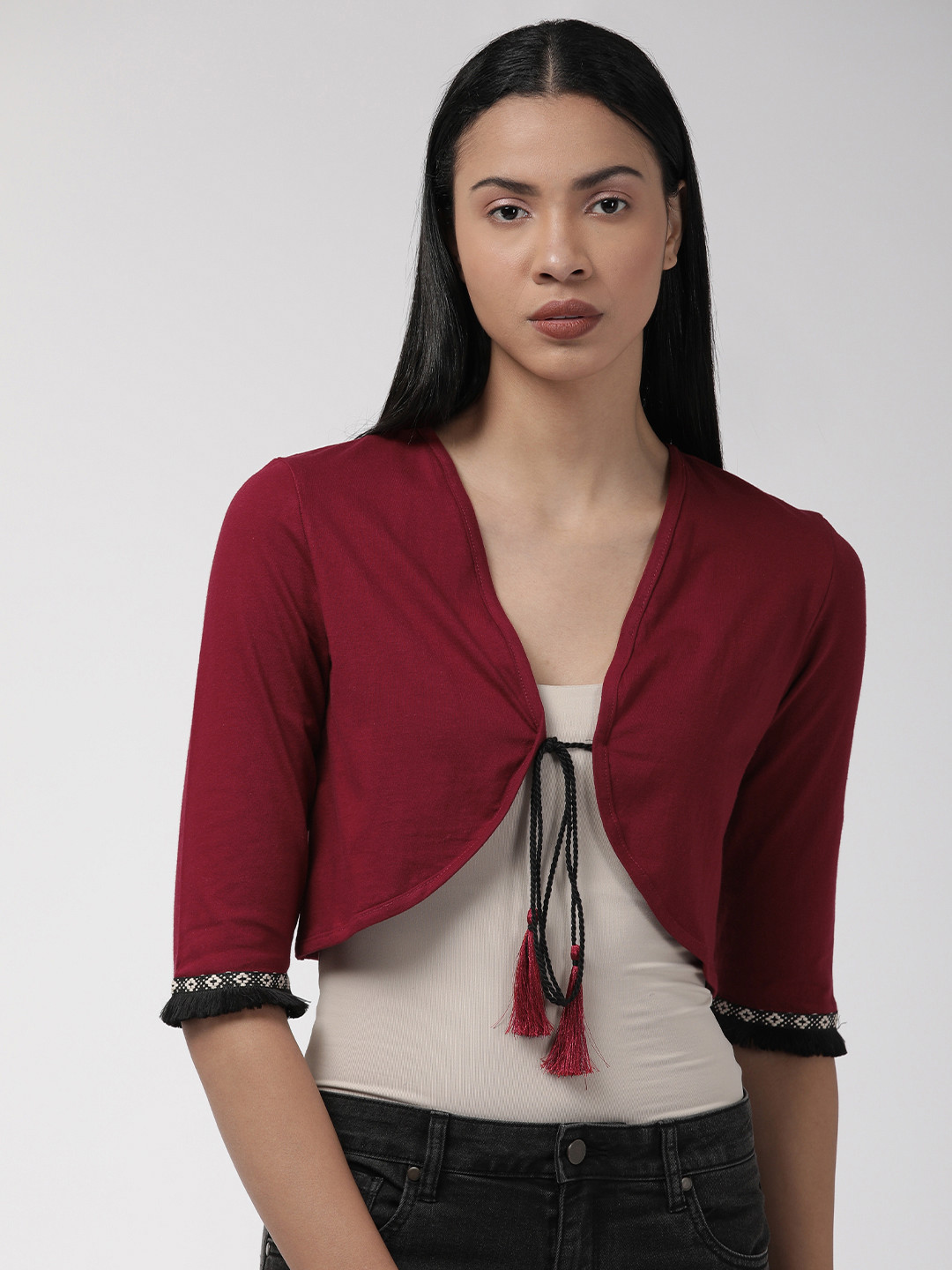 Buy Style Quotient Women Maroon Solid Tie Up Crop Shrug Shrug for