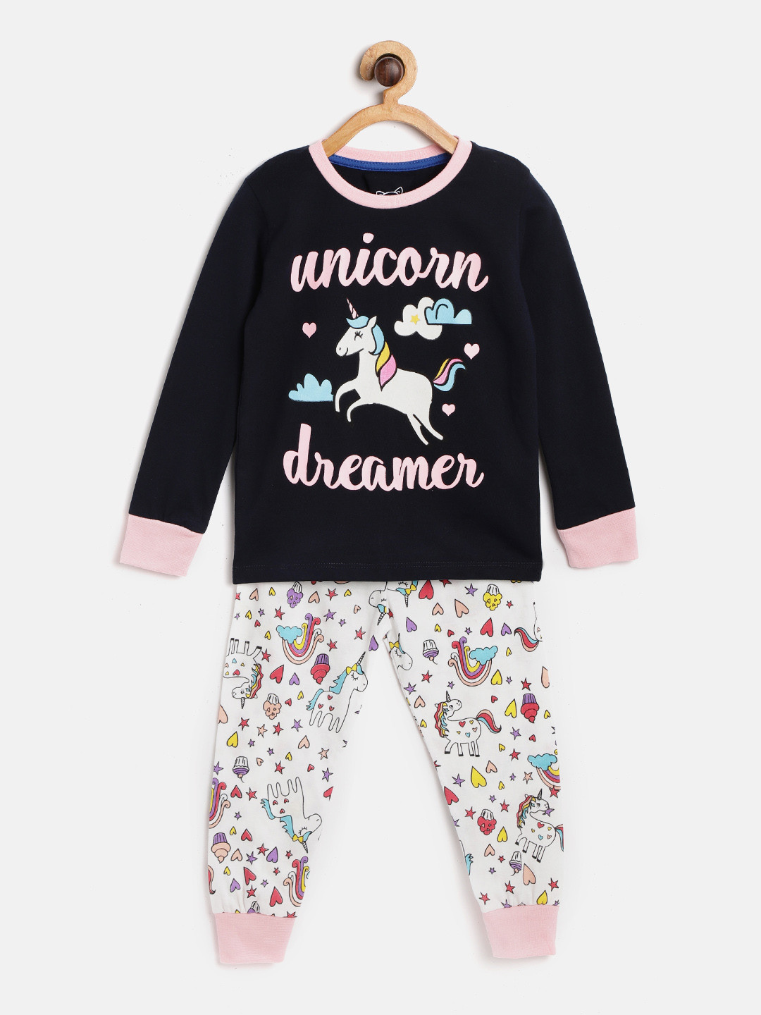 Girls Navy Blue White Printed Night Suit Nw-Unicorn Blue-2