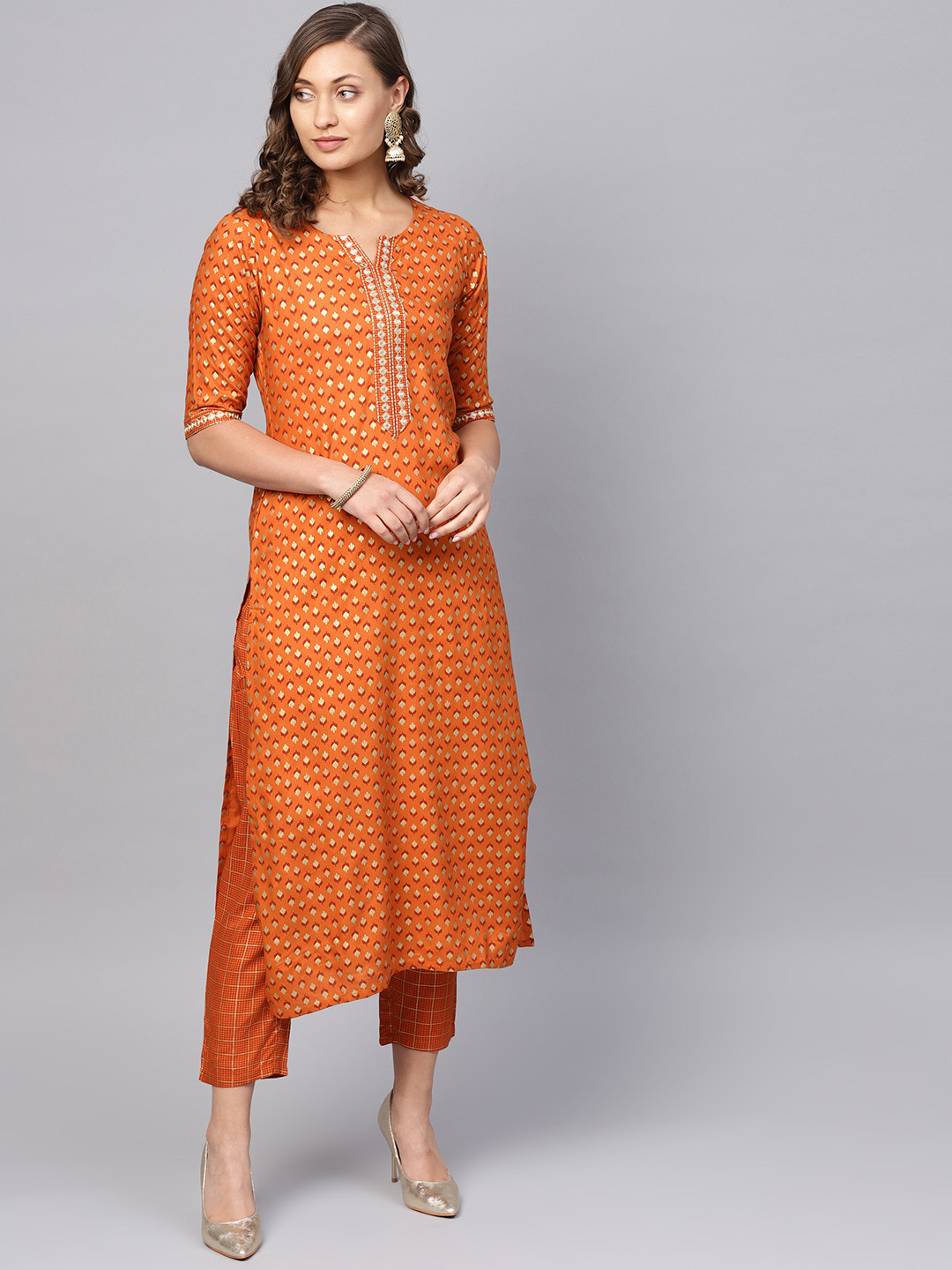 Buy Libas Women Orange & Golden Printed Kurta With Palazzos Kurta