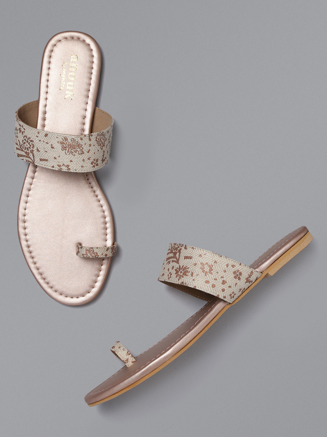 Buy Anouk Women Off White & Rose Gold Toned Printed One Toe Flats