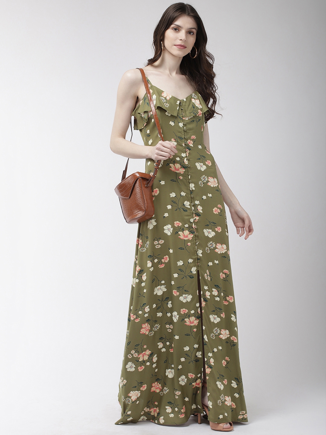 Buy 20Dresses Women Olive Green Floral Printed Maxi Dress - Dresses for ...