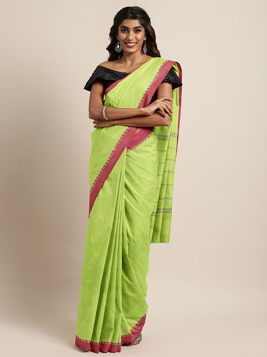 Buy The Chennai Silks Classicate Lime Green & Pink Pure Cotton Solid Chettinad Saree Sarees