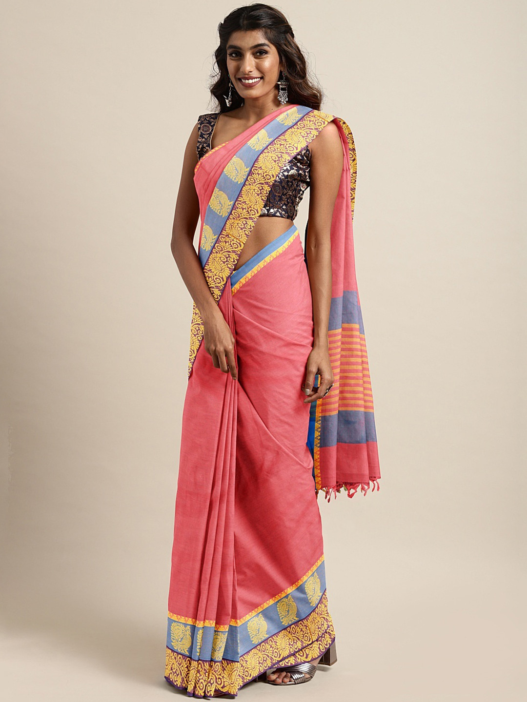 Buy The Chennai Silks Pink Solid Pure Cotton Saree Sarees for Women