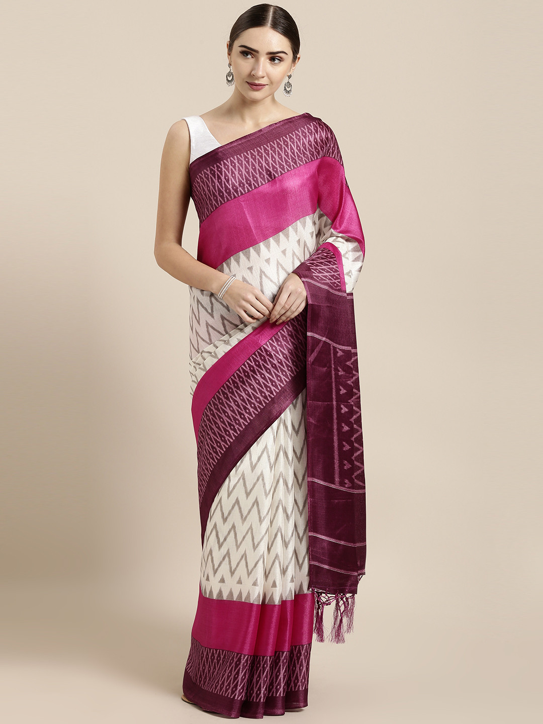 Buy GoSriKi White Art Silk Printed Mysore Silk Saree Sarees for Women