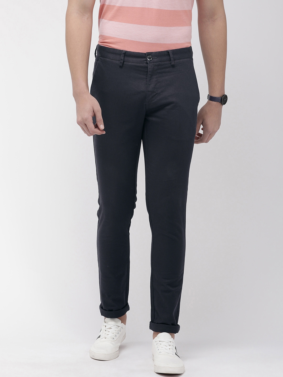 Buy Park Avenue Men Navy Blue Neo Fit Self Design Casual Trousers ...