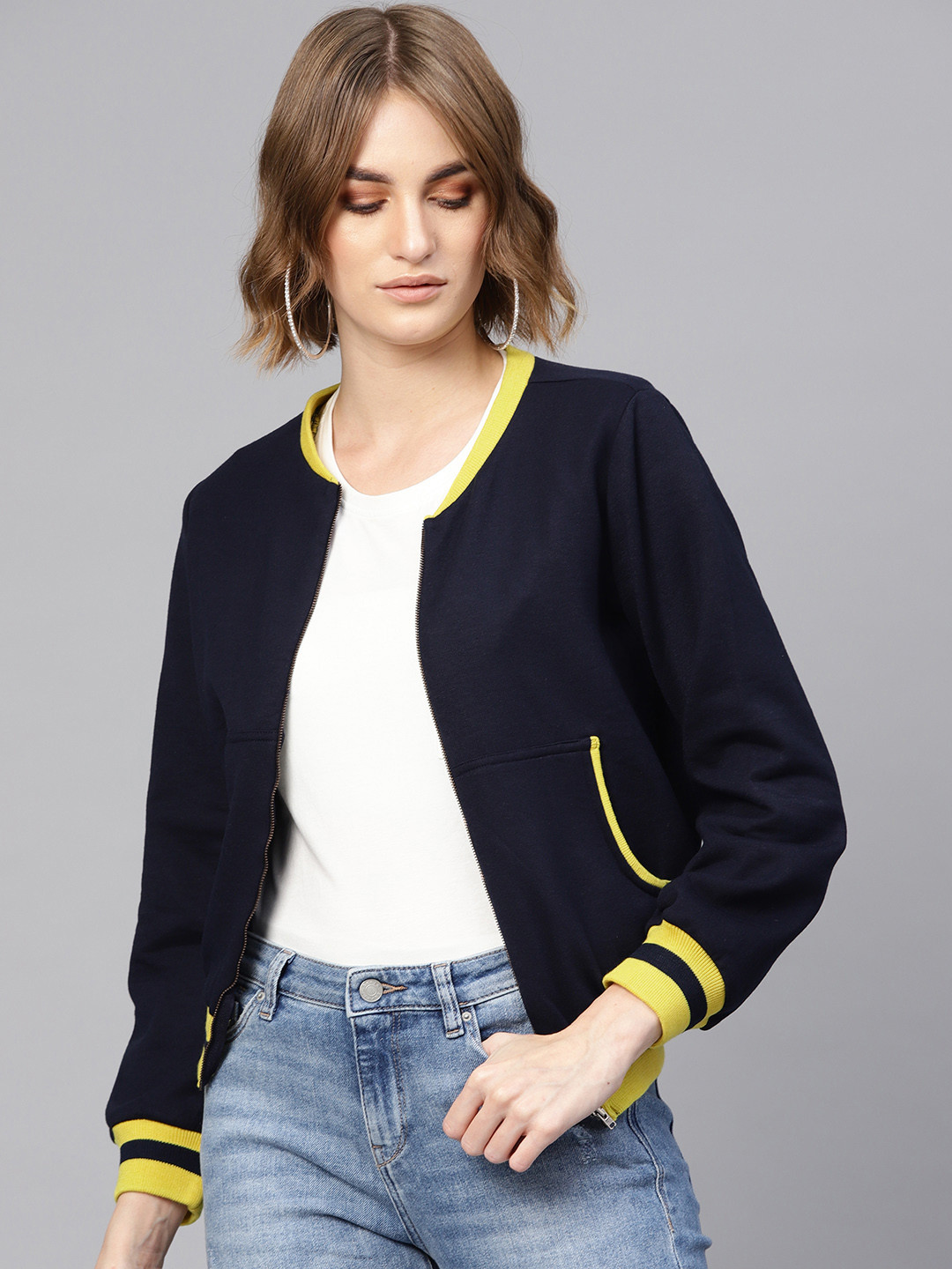 Buy SASSAFRAS Women Navy Blue Solid Varsity Jacket Jackets for Women