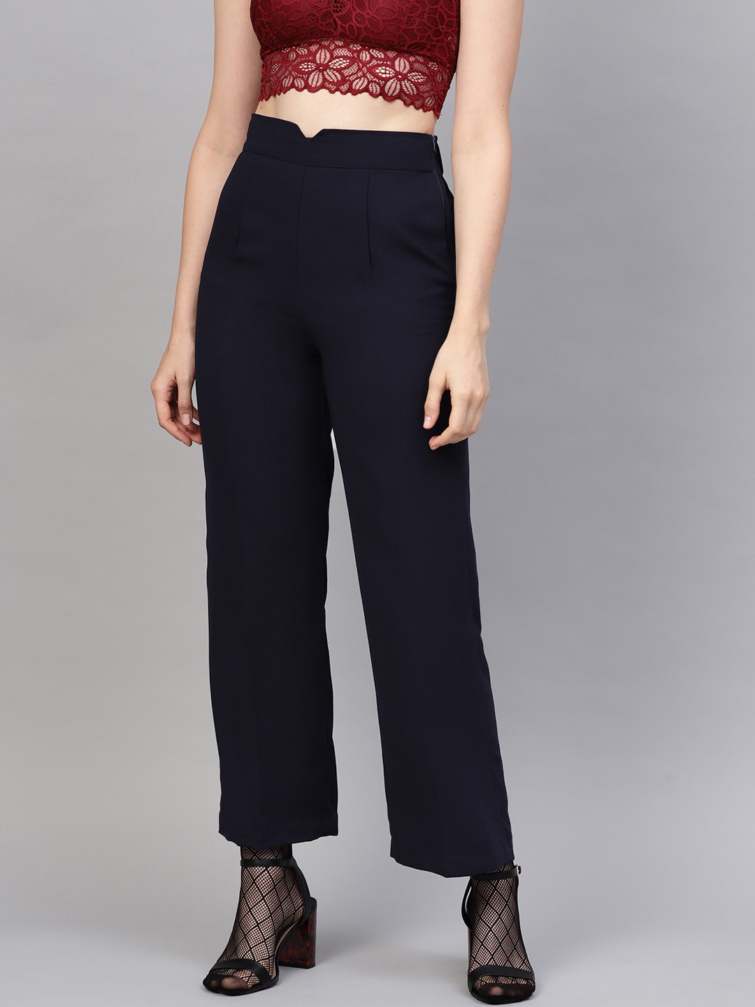 Buy SASSAFRAS Women Navy Blue Regular Fit Solid Trousers - Trousers for ...