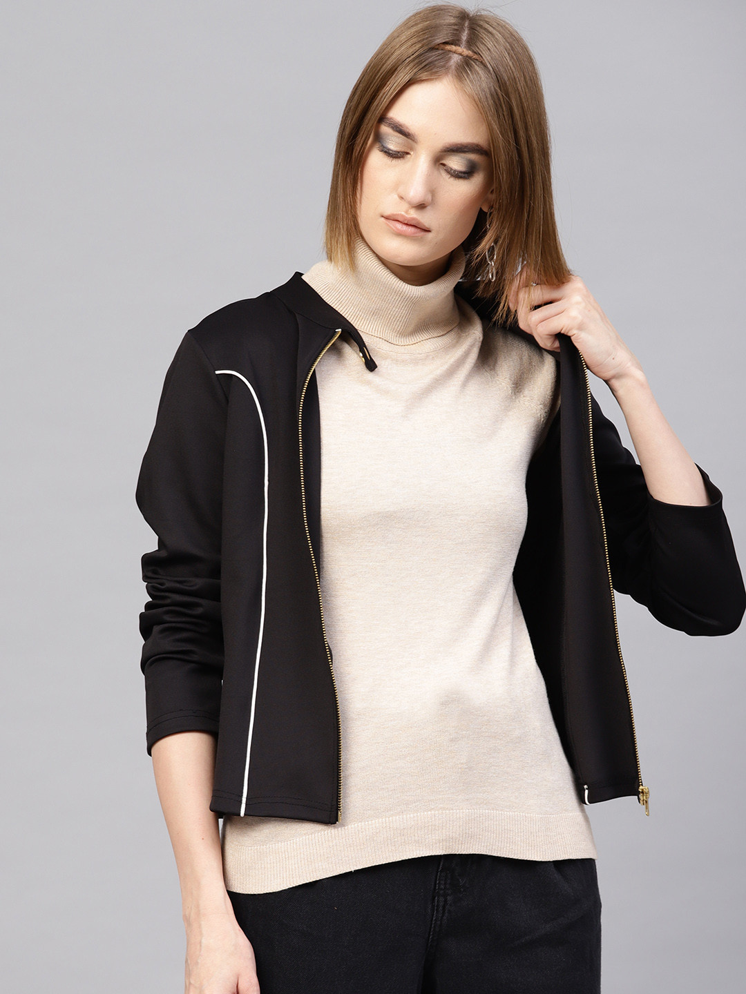 Buy SASSAFRAS Women Black Solid Scuba Tailored Jacket Jackets for