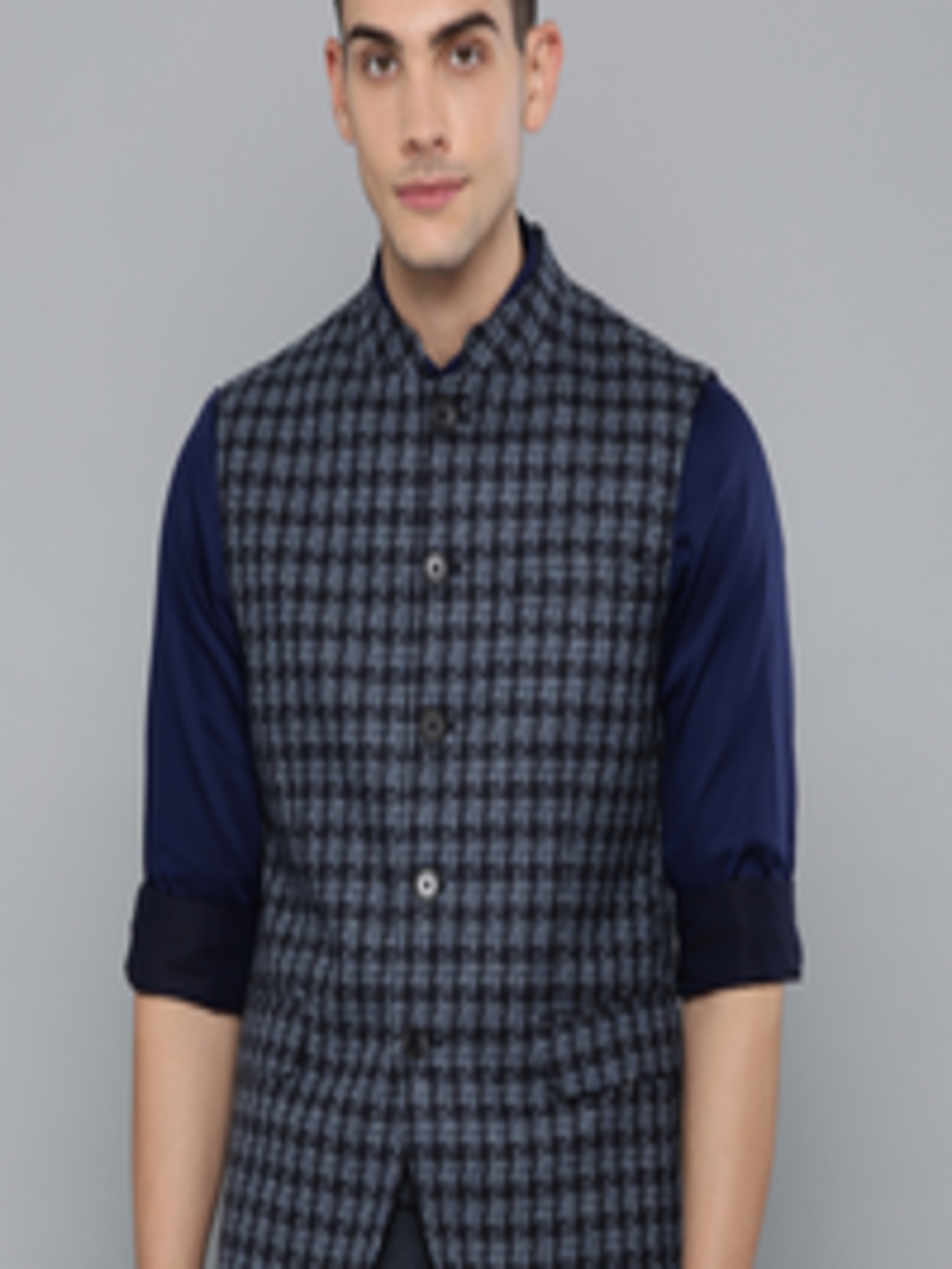 Buy Louis Philippe Men Blue Tailored Fit Self Checked Woolen Nehru Jacket - Nehru Jackets for ...