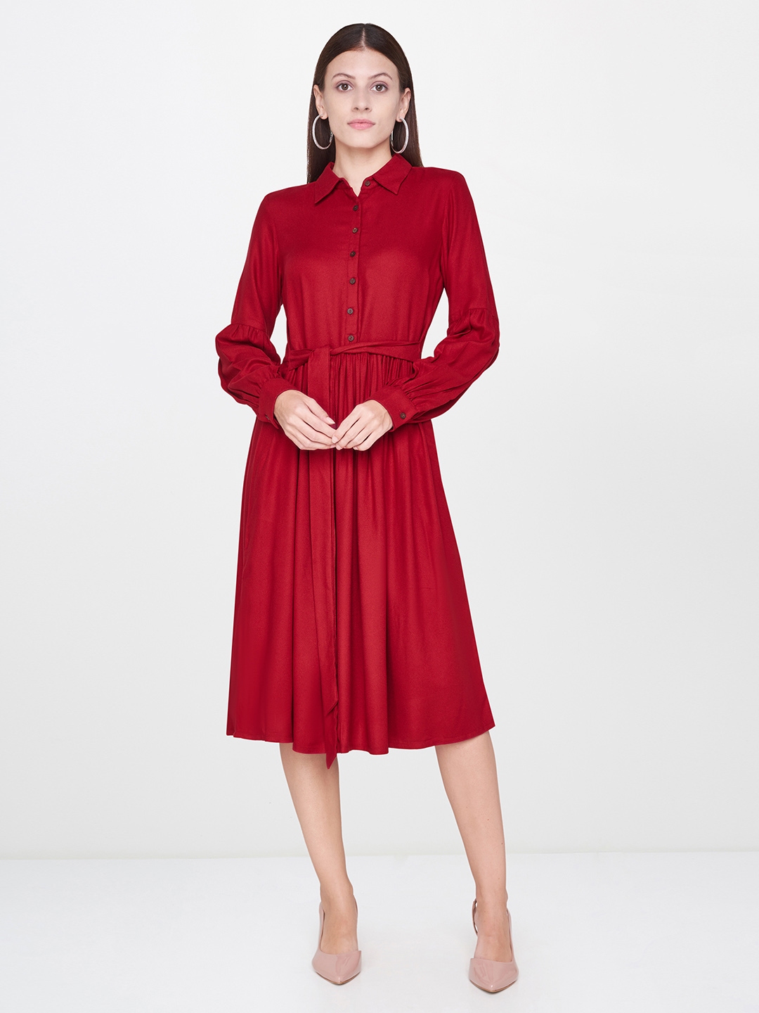 long sleeve red shirt dress