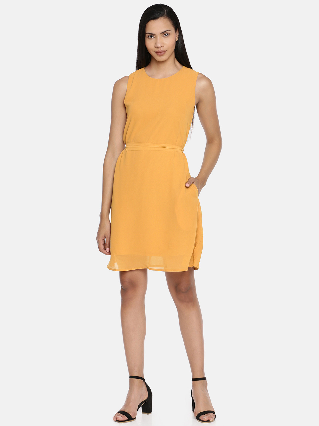 Buy AND Women Mustard Yellow Solid Fit And Flare Dress Dresses for