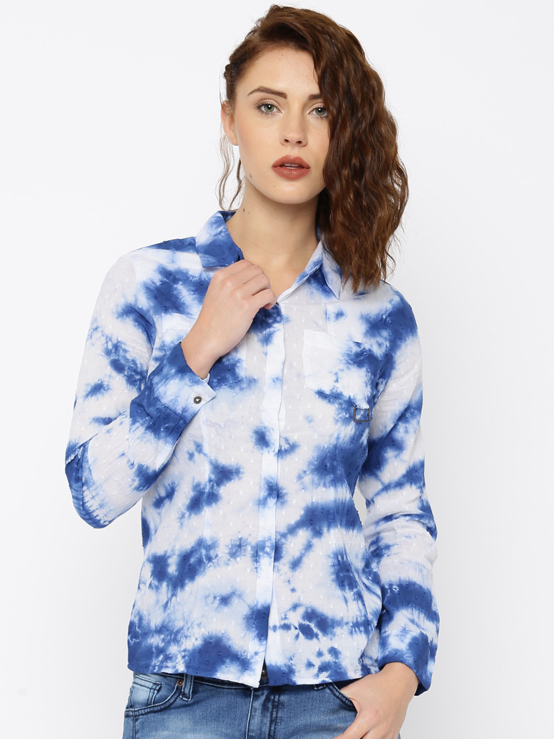 Buy Roadster White & Blue Tie & Dyed Shirt - Shirts for Women 1087060 | Myntra