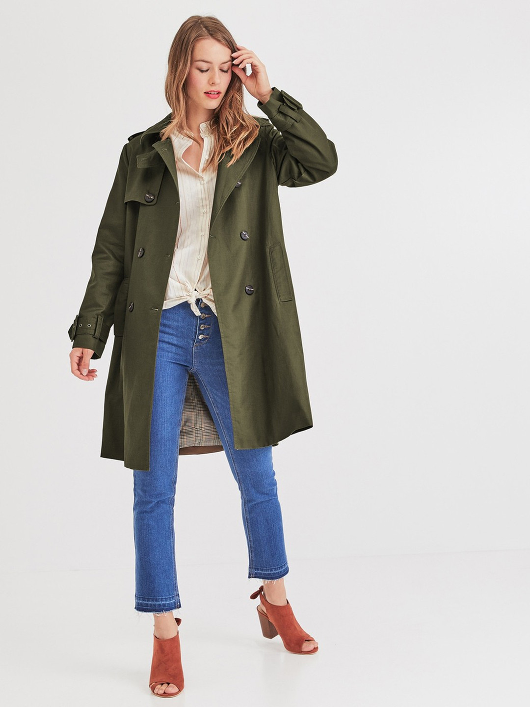 Buy Promod Women Olive Green Solid Longline Pea Coat Coats for Women