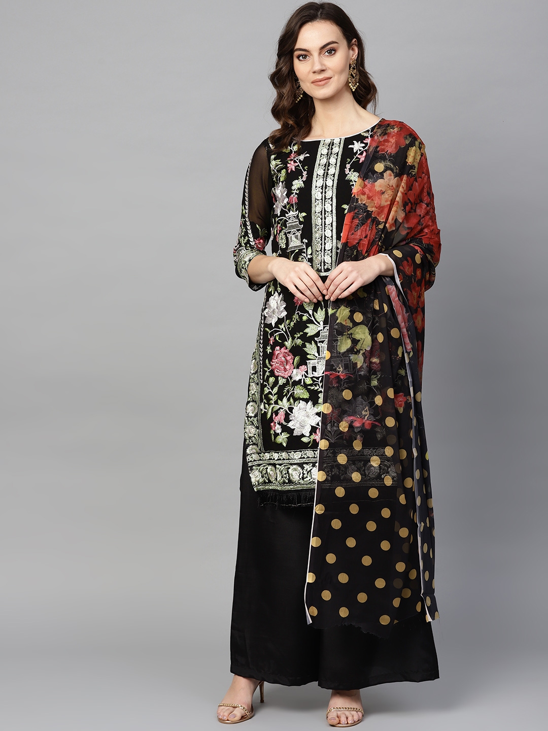 Buy Ishin Black Embroidered Unstitched Dress Material - Dress Material ...