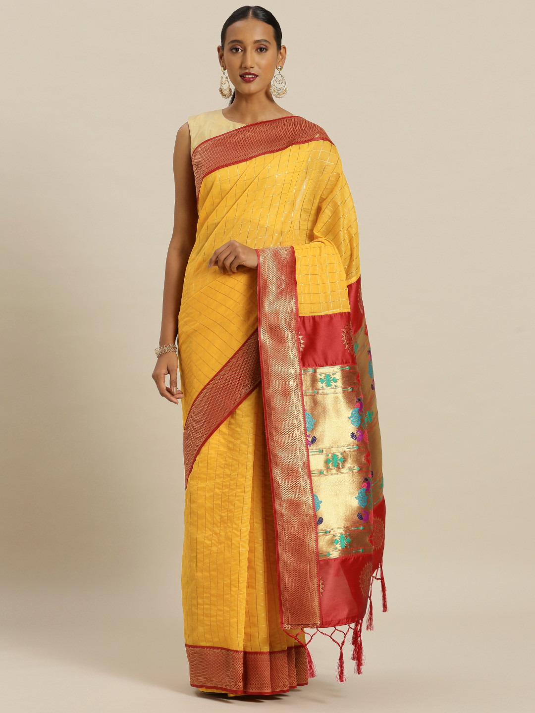 Buy Mitera Yellow & Red Cotton Blend Woven Design Paithani Saree