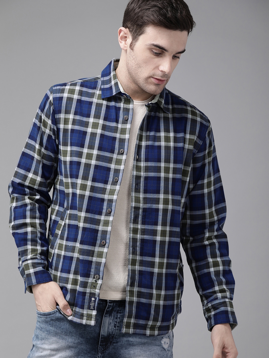 Buy The Roadster Lifestyle Co Men Blue & White Checked Tailored Flannel ...