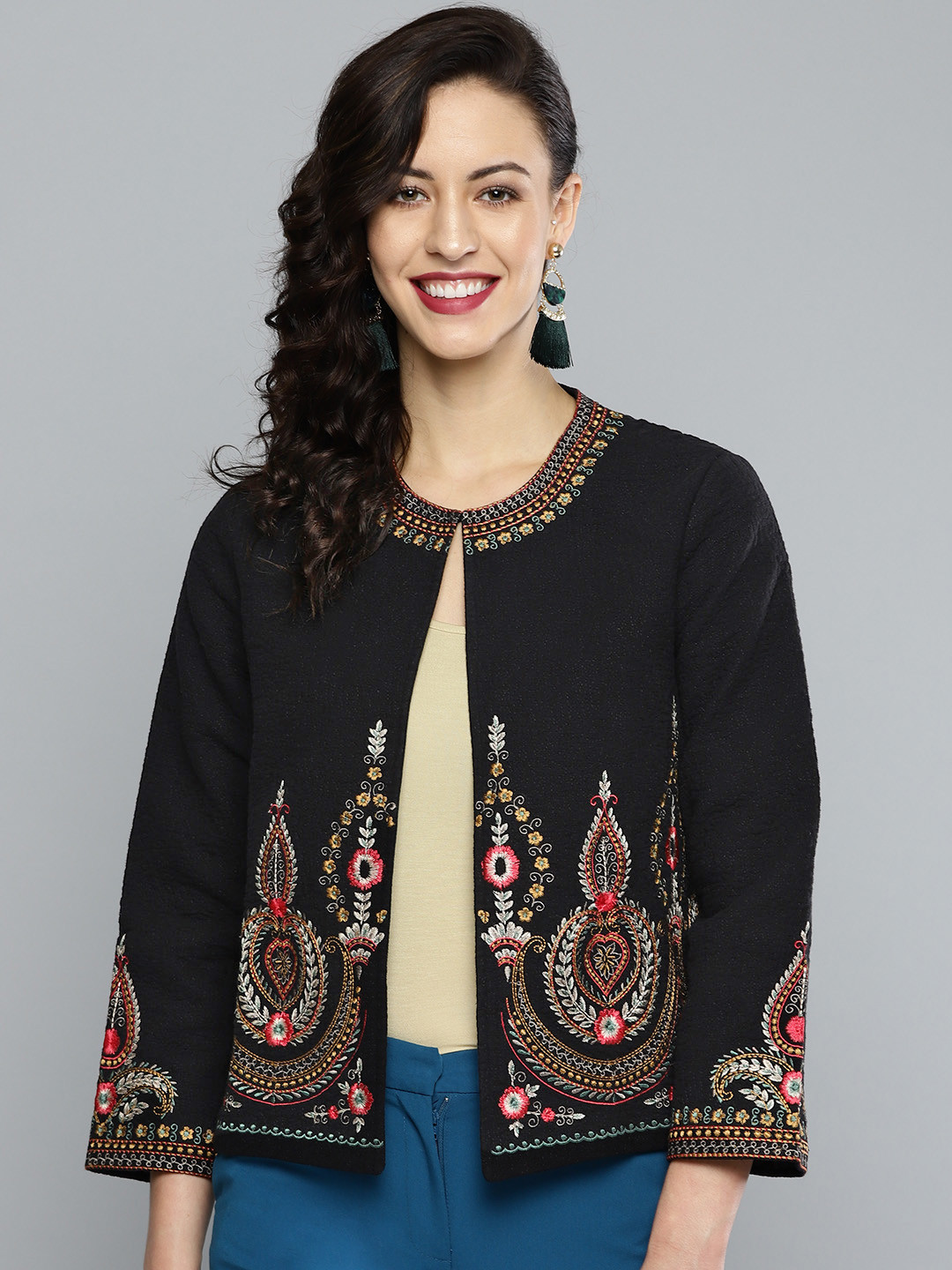 Buy Label Ritu Kumar Women Black Embroidered Open Front Ethnic Jacket