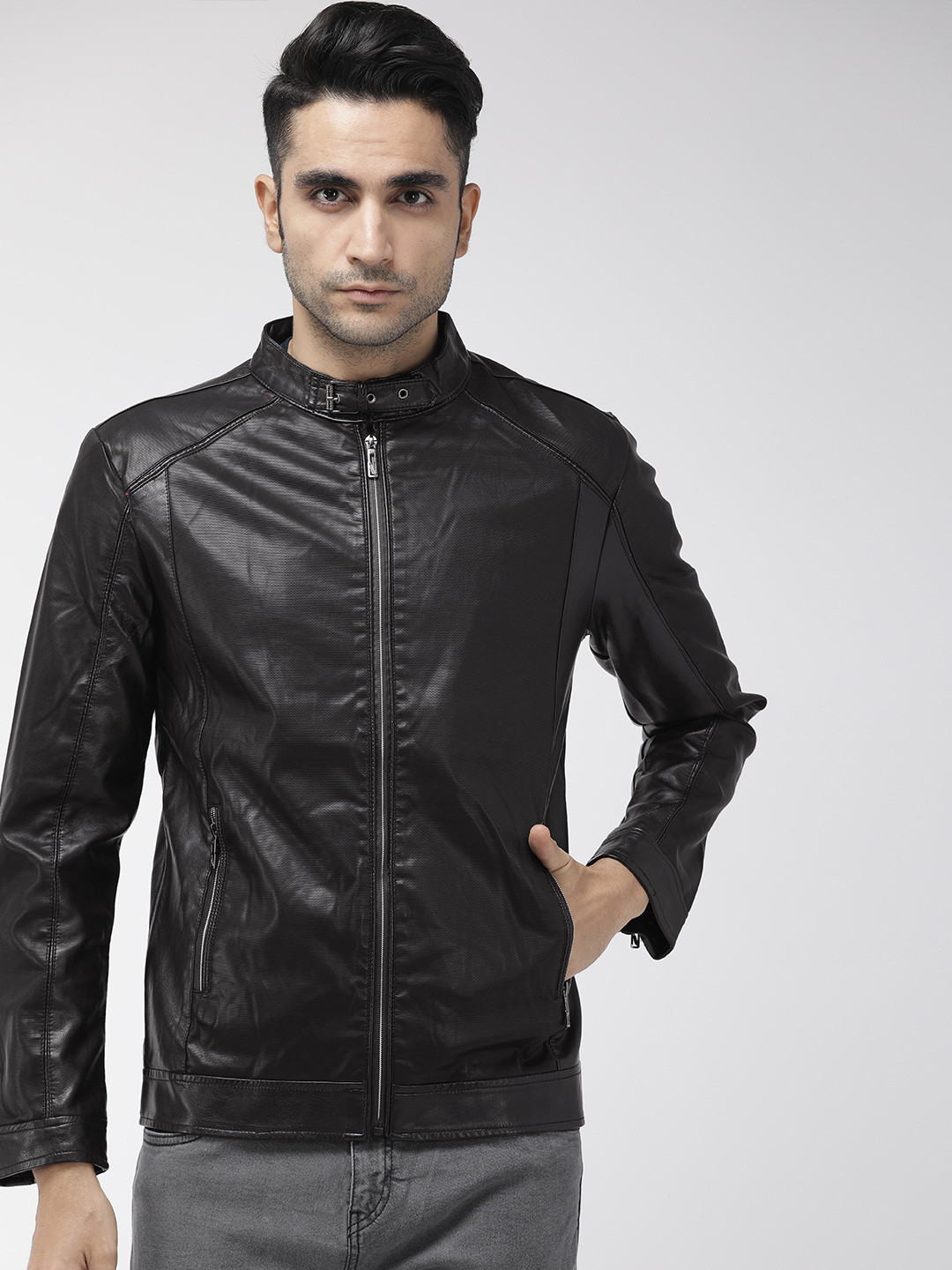 Buy The Indian Garage Co Men Black Self Design Biker Jacket - Jackets for Men 10883864 | Myntra