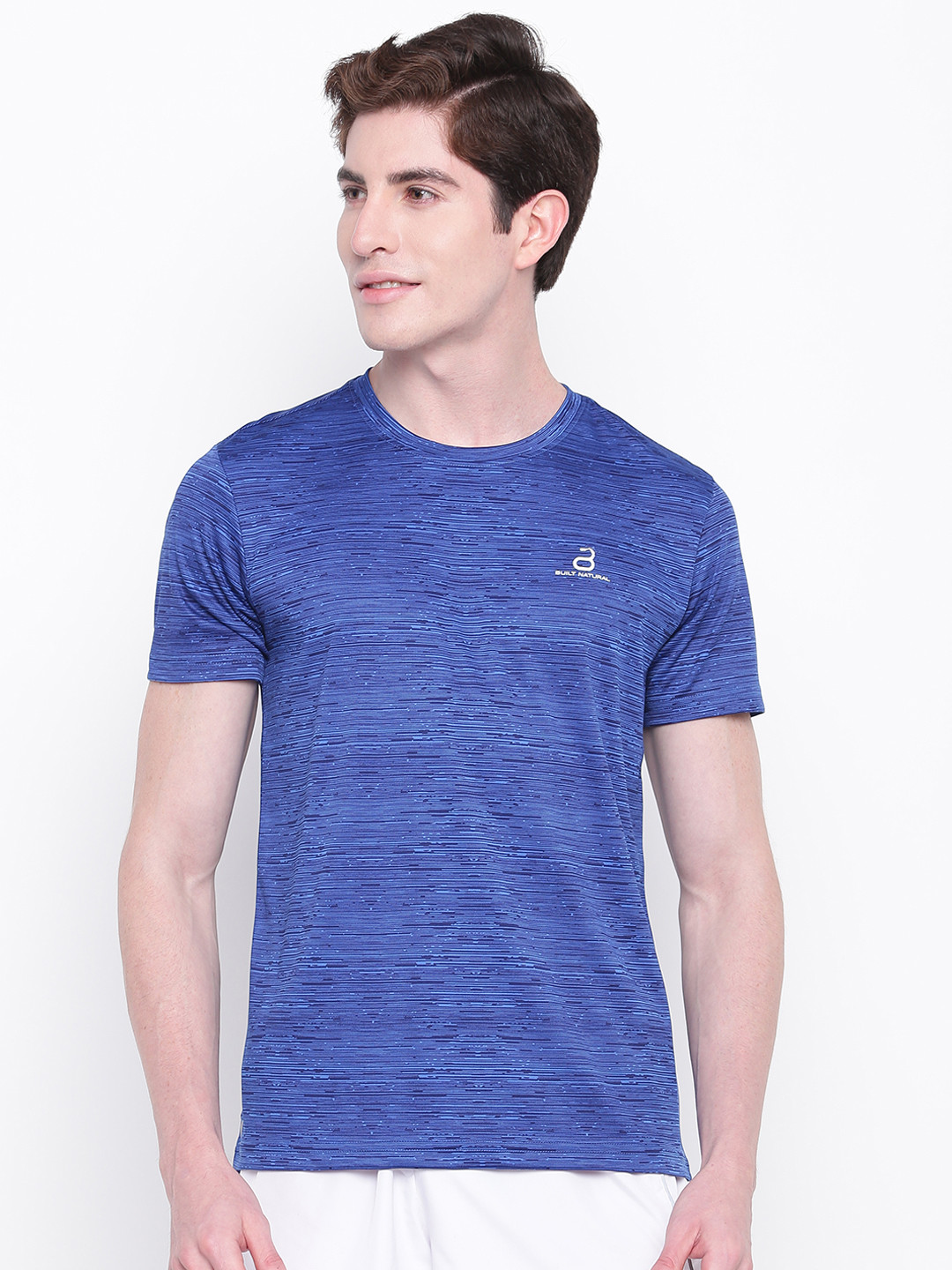 Buy BUILT NATURAL Men Blue Striped Slim Fit Round Neck Training T Shirt