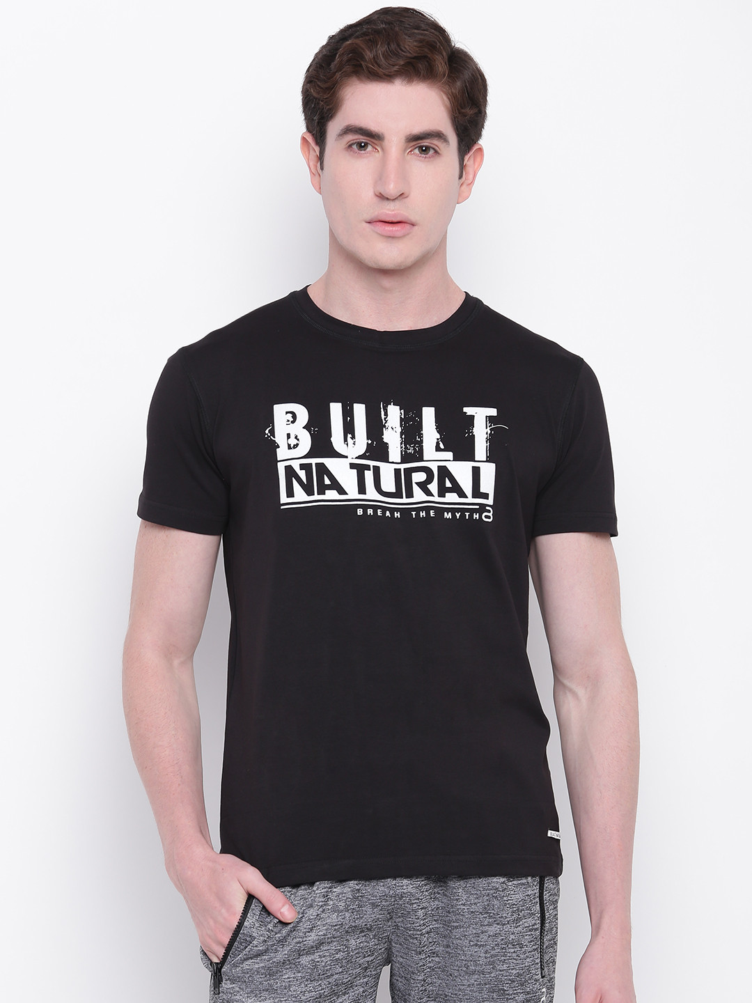 Buy BUILT NATURAL Men Black & White Printed Slim Fit Round Neck