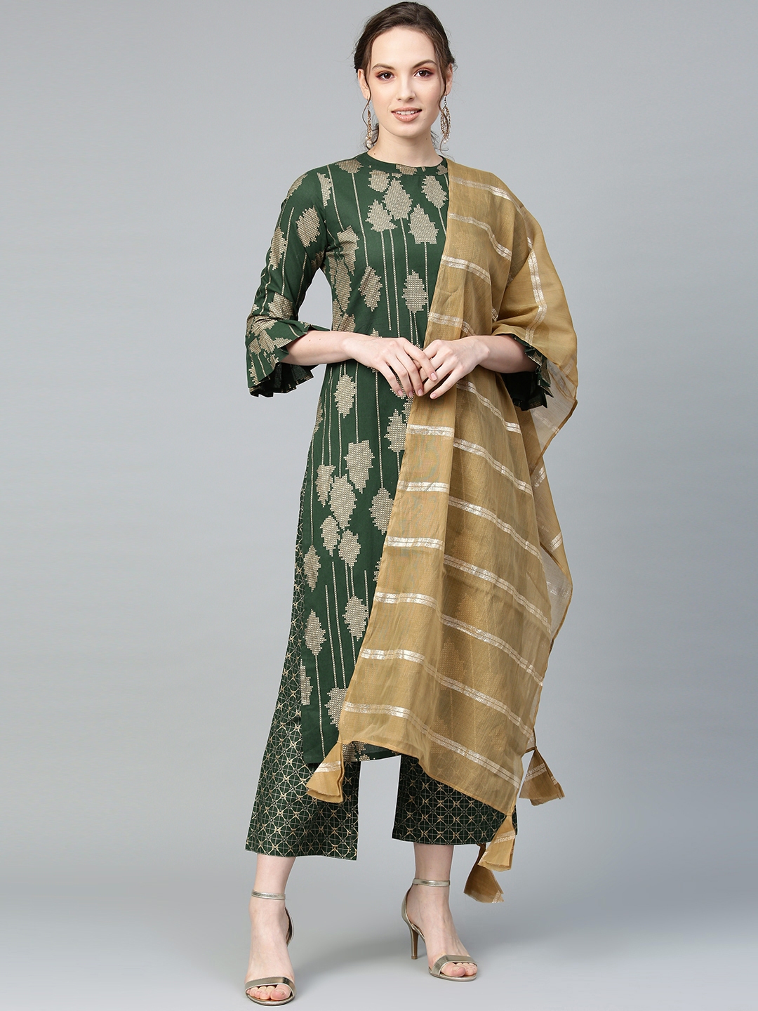 Buy Indo Era Women Green & Beige Printed Kurta With Palazzos & Stole ...
