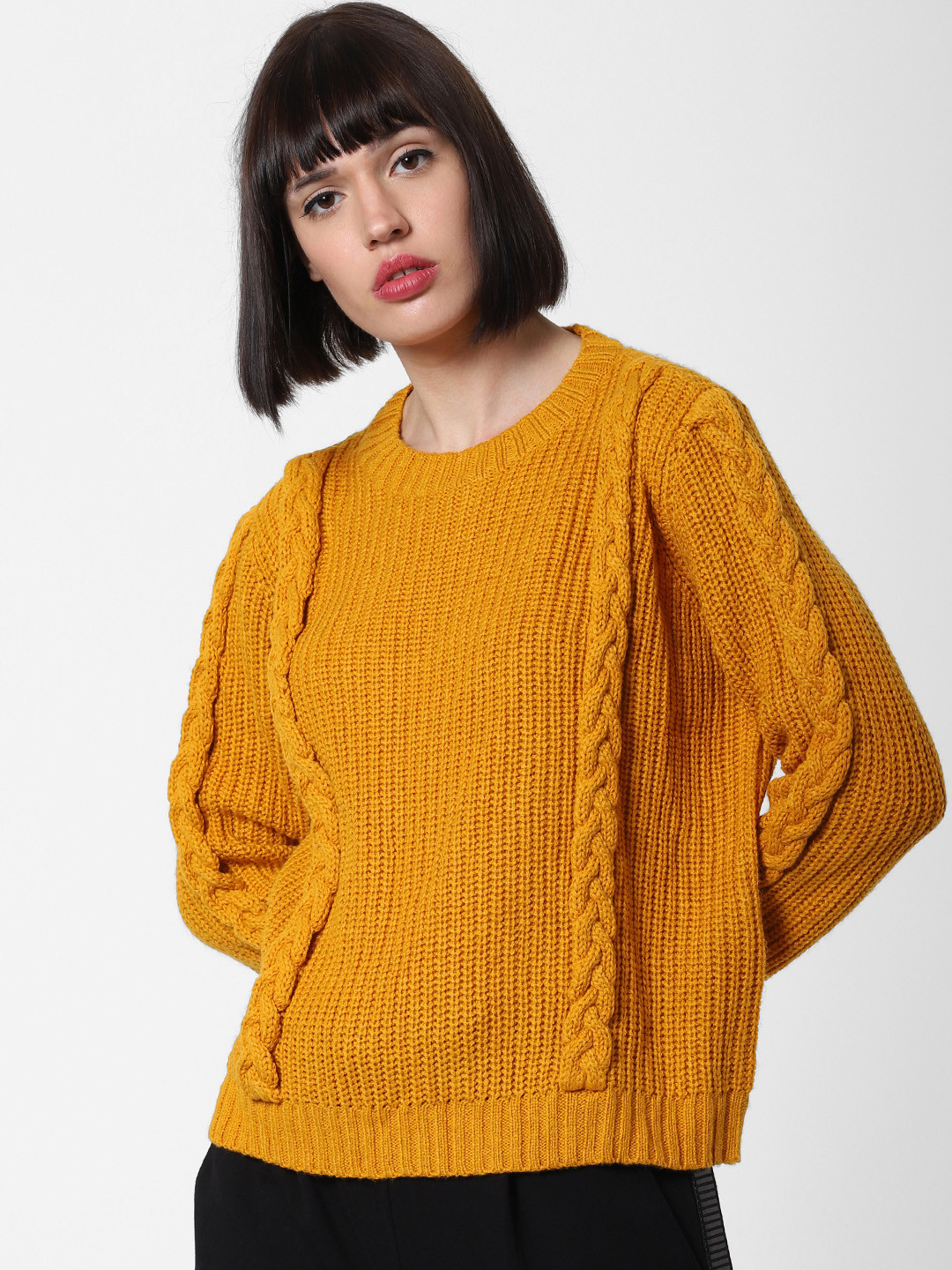 Buy ONLY Women Mustard Yellow Self Design Pullover Sweater Sweaters