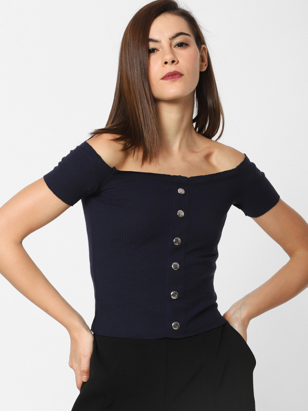 Buy ONLY Women Navy Blue Solid Fitted Top With Ribbed Detailing Tops