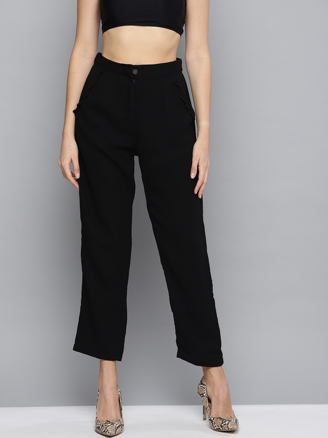 Buy Marie Claire Women Black Regular Fit Solid Cropped Regular Trousers