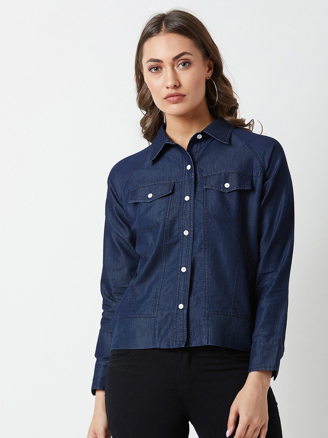 Buy Miss Chase Women Navy Blue Solid Denim Jacket Jackets for Women