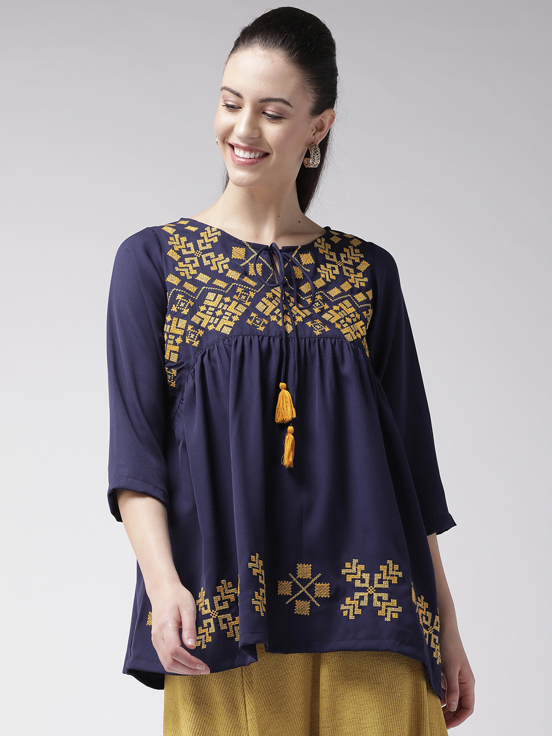 Buy PlusS Women Navy Blue & Yellow Embroidered A Line Top Tops for