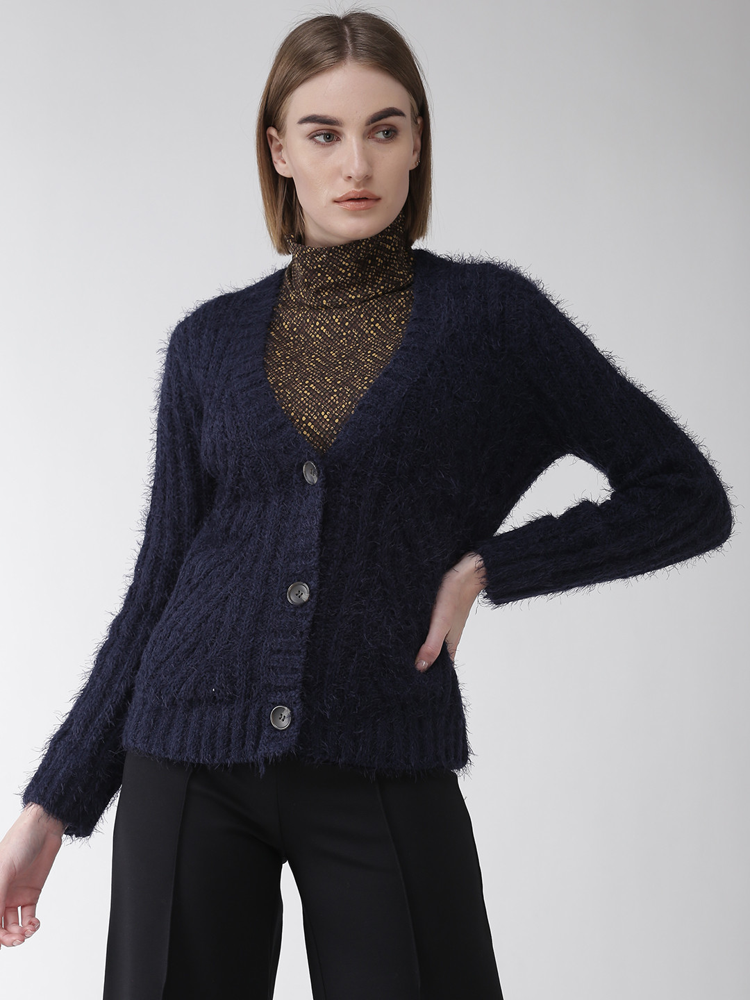 Buy Marks & Spencer Women Navy Blue Self Design Cardigan Sweaters for
